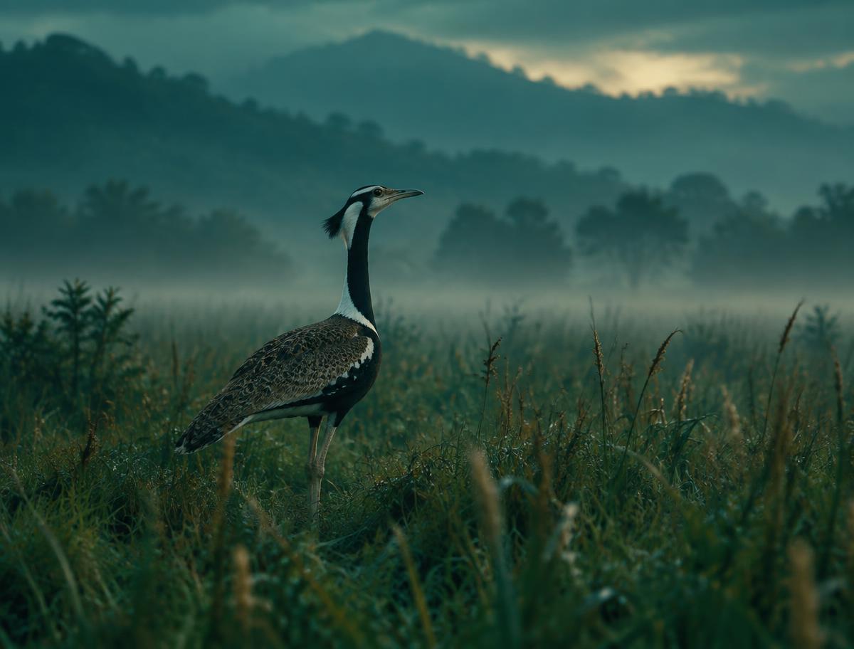Illustrative image of a Bengal florican in open grassland