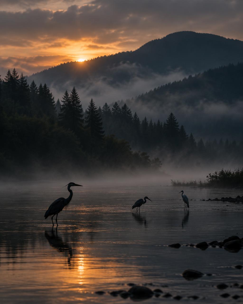 Wading birds on a misty river at dawn beneath forested hills