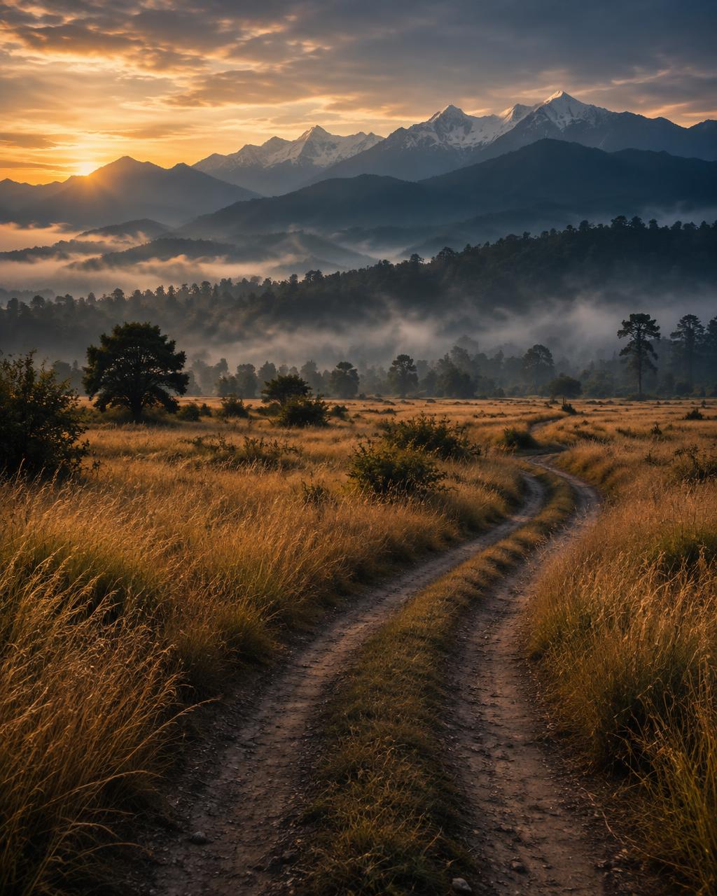 Track winding through tall golden grassland towards misty forest at dawn