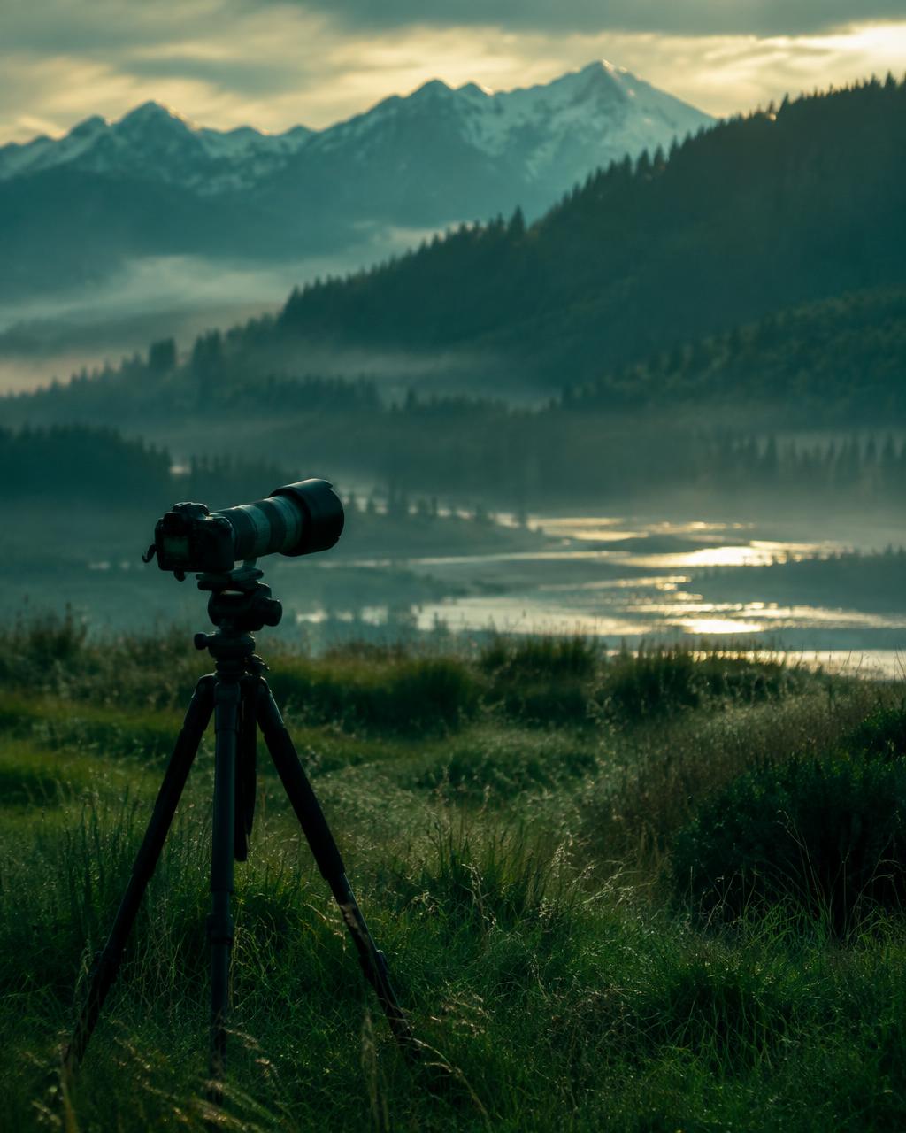 Telephoto camera on a tripod above a misty river valley