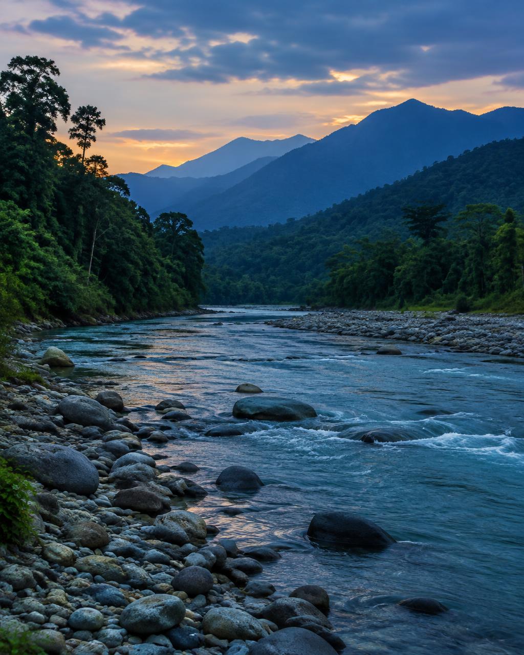 The Bornadi River running over a gravel bed beneath blue foothills