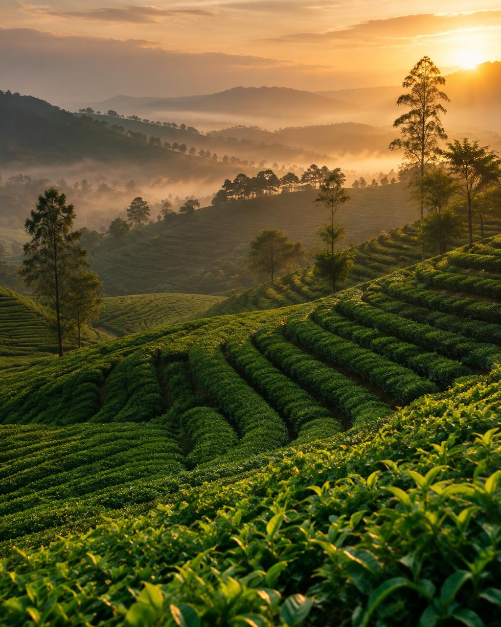 Tea garden rows on misty foothill slopes at golden hour