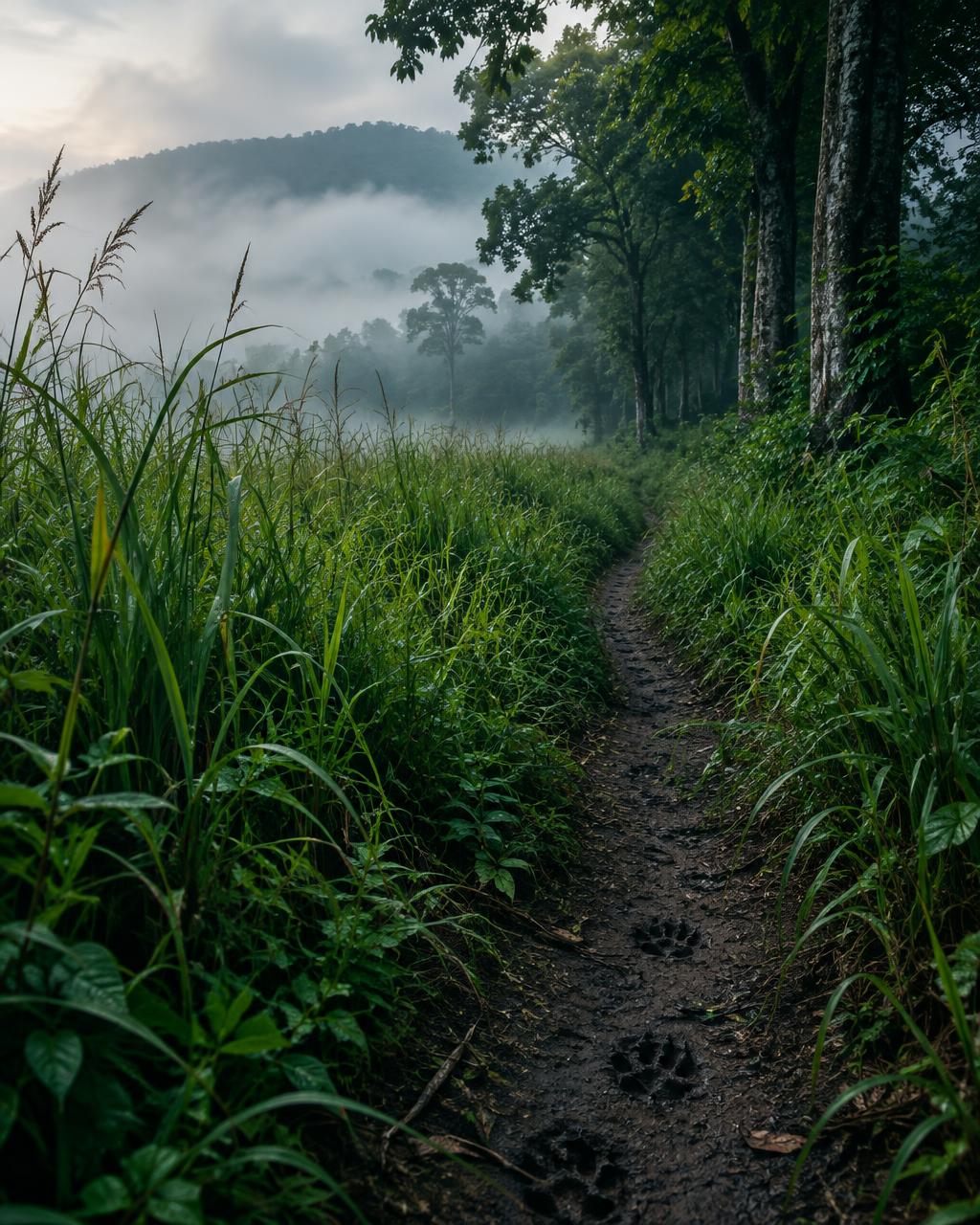 Narrow trail through tall grass towards misty forest