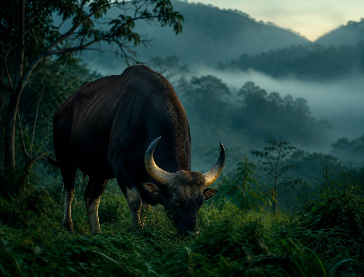 Illustrative image of a gaur grazing at a forest edge