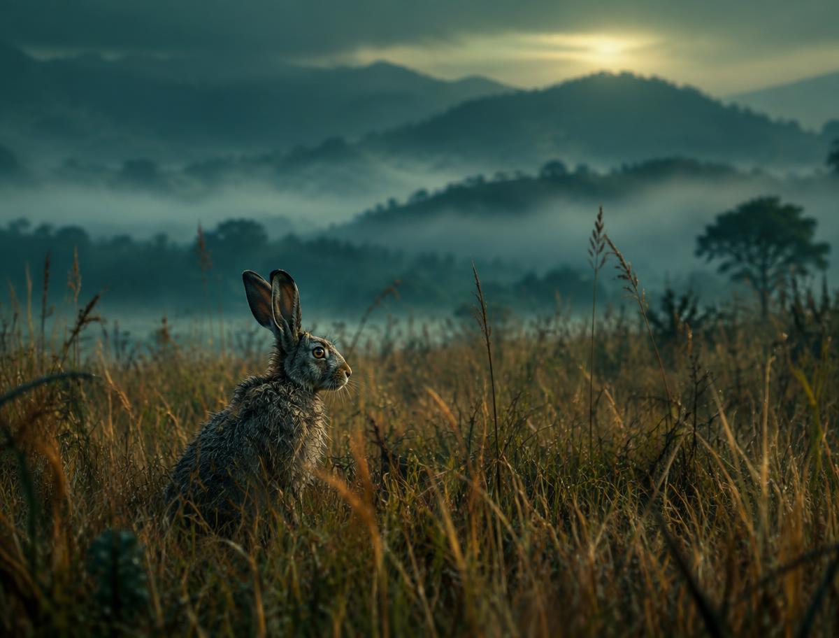Illustrative image of a hispid hare in misty grassland