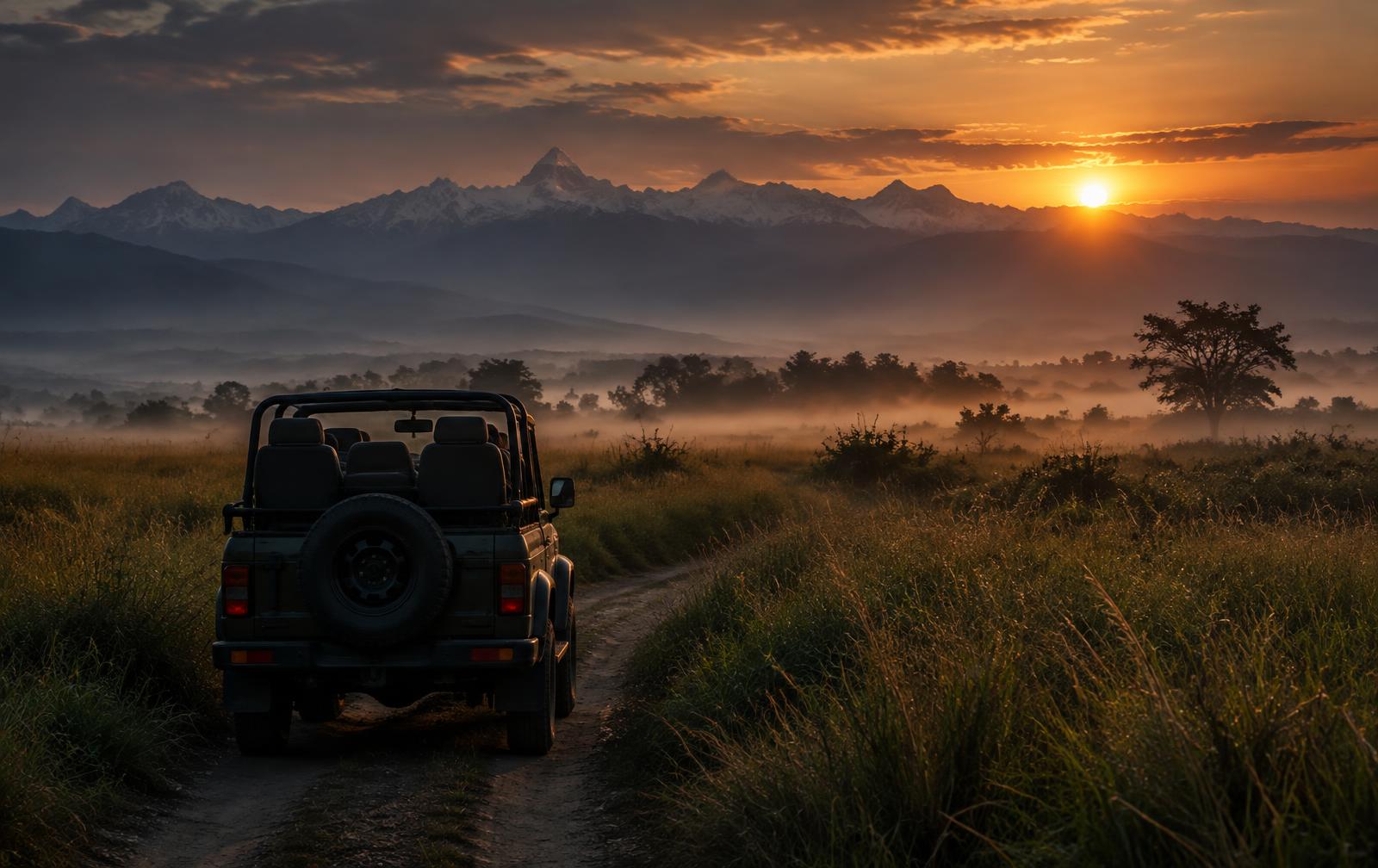 Open safari jeep on a grassland track at sunrise beneath the Himalayan foothills