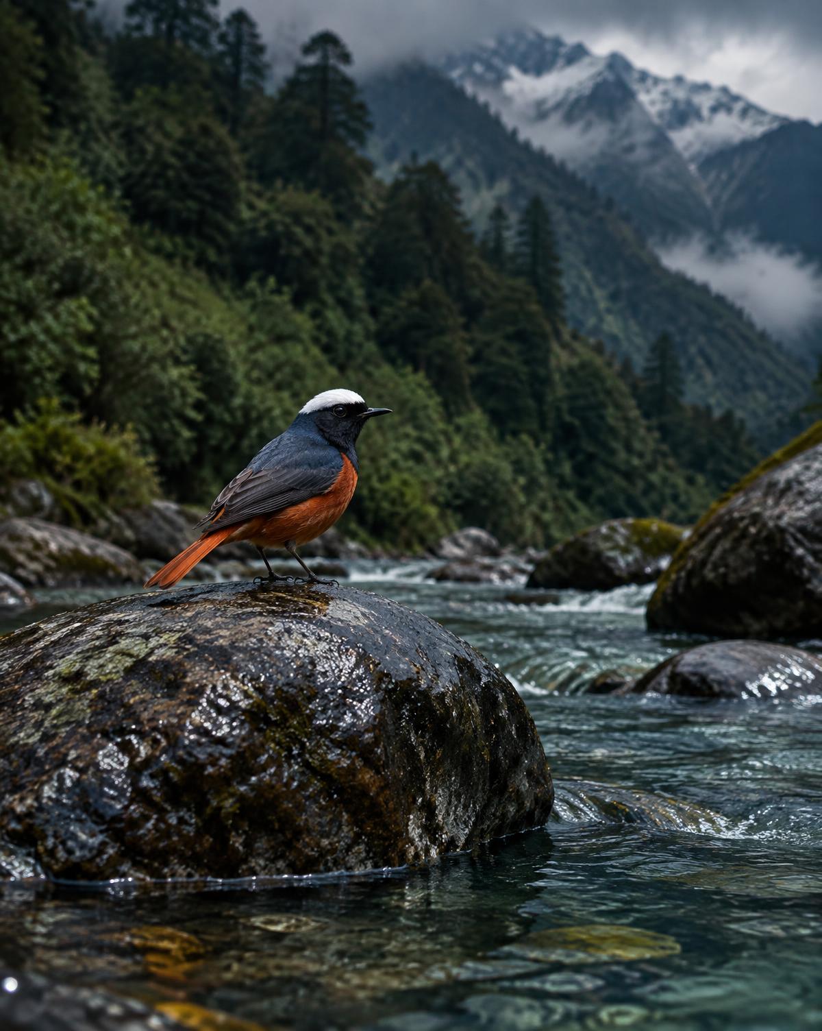 White-capped redstart in its habitat